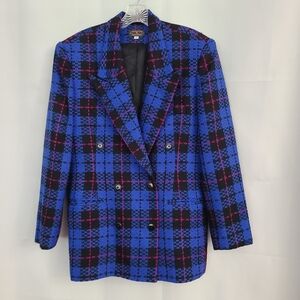 Vintage Charter Club Sz 12 Blue Plaid Double Breasted Shoulder Pad Wool Blazer